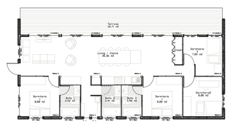 Plano de una casa modular Mudul Splice con terraza