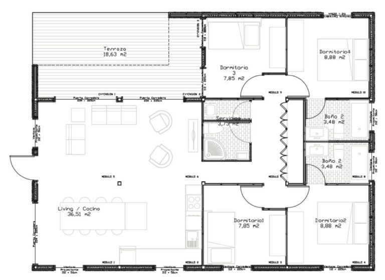 Plano de una casa modular Mudul Splice