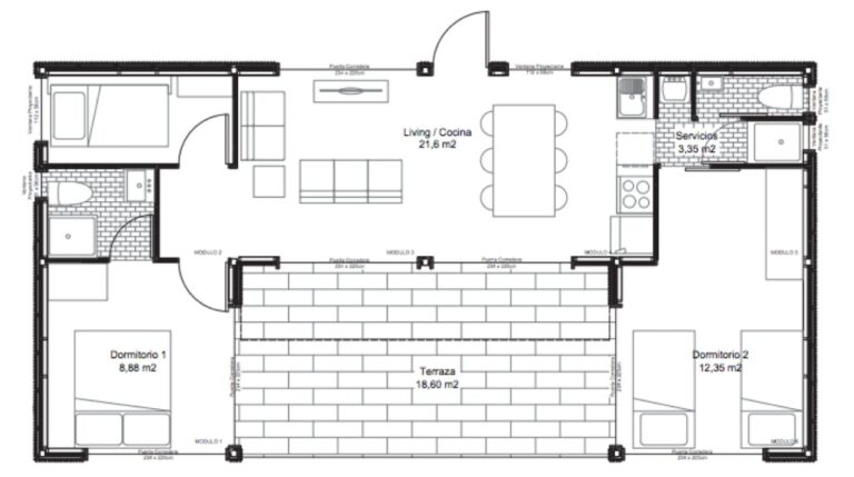 Plano de una casa modular con terraza